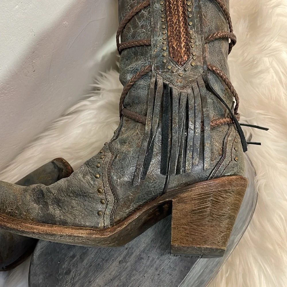 #0167 Corral Vintage Leather Snip Toe Cowboy Boot With Fringe-7.5 - Picture 10 of 15
